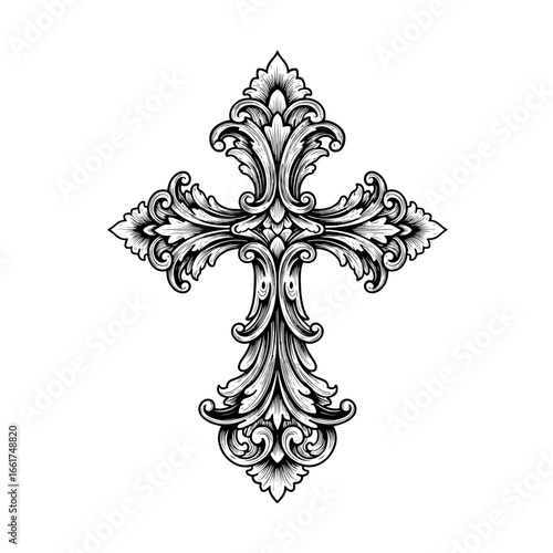 Detailed black and white vector illustration of a floral cross with intricate leaf and swirl designs suitable for symbolic or decorative designs.