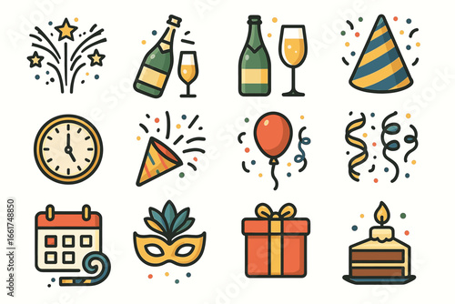 Colorful party icon set featuring celebration elements like fireworks, drinks, and party hat
