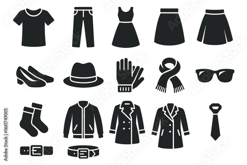 Clothing icons set: shirts, pants, dresses, accessories, outerwear