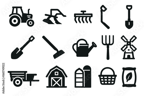 Agricultural equipment icons: tractor, plow, shovel, windmill, barn, silo, basket