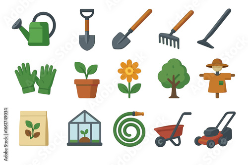 Garden tools and equipment collection: shovel, rake, watering can, and more essentials
