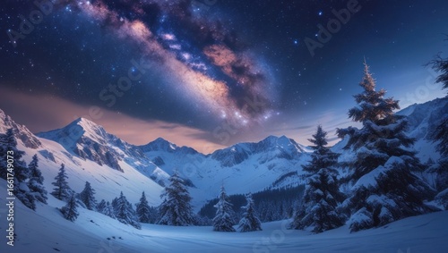 Snowy mountains under a starry night sky.