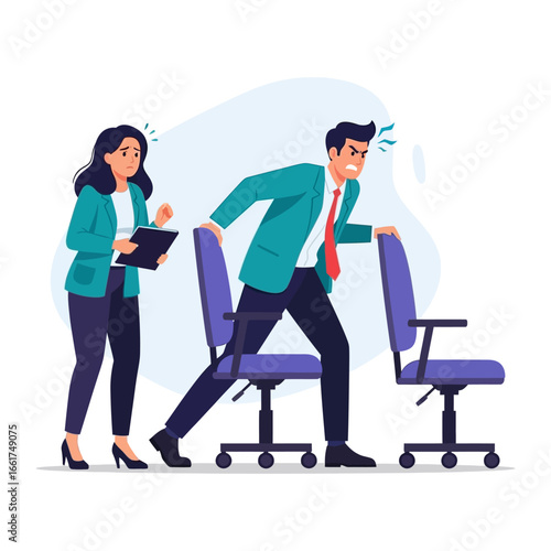 Workplace Frustration: Illustration showing a man struggling with office chairs while a concerned woman looks on, capturing the tension and exasperation.