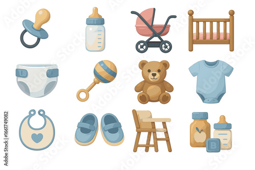 Baby essentials: pacifier, bottle, stroller, crib, diaper, rattle, toy, onesie, shoes, high chair, bib, powder