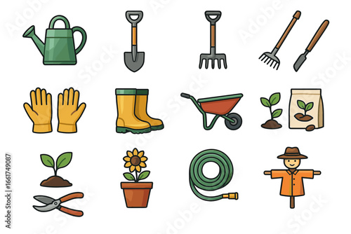 Colorful cartoon gardening tools and plants collection for outdoor enthusiasts