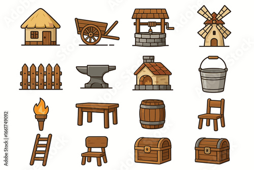 Rustic medieval village icons: tools, structures, furniture, and decor