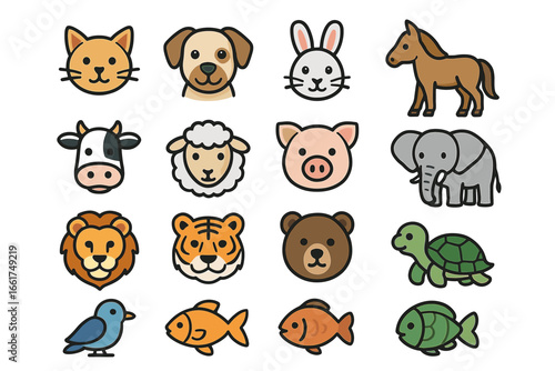 Cute cartoon farm and wild animal faces illustrations