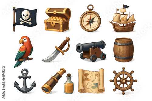 Pirate icons set: jolly roger, treasure chest, compass, ship, parrot, sword, cannon, barrel