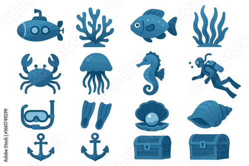 Vector icons of ocean life and exploration: submarine, diver, marine creatures, and treasure chest
