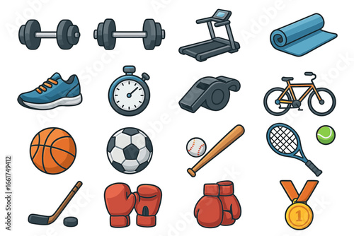 Collection of cartoon sports equipment icons featuring treadmill, dumbbells, bicycle, and more