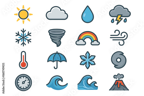 Collection of weather icons featuring sun, clouds, raindrops, and weather phenomena