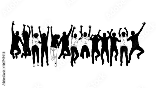 Jumping into Celebration: Silhouette of a diverse group leaping in joyous celebration, symbolizing freedom and excitement. 