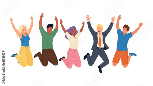 Joyful Jumpers: A group of people leap with unrestrained joy, embracing life with a spirited, diverse perspective. This vibrant scene embodies the essence of happiness.