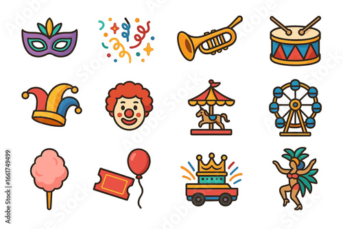 Colorful carnival icons: ferris wheel, clown, trumpet, jester hat, cotton candy, dancer