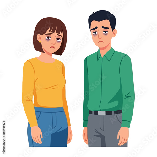 Weary duo: A pair of downcast individuals, rendered in a minimalistic style, portray fatigue and emotional exhaustion, their body language subtly conveying feelings of weariness and low energy. 