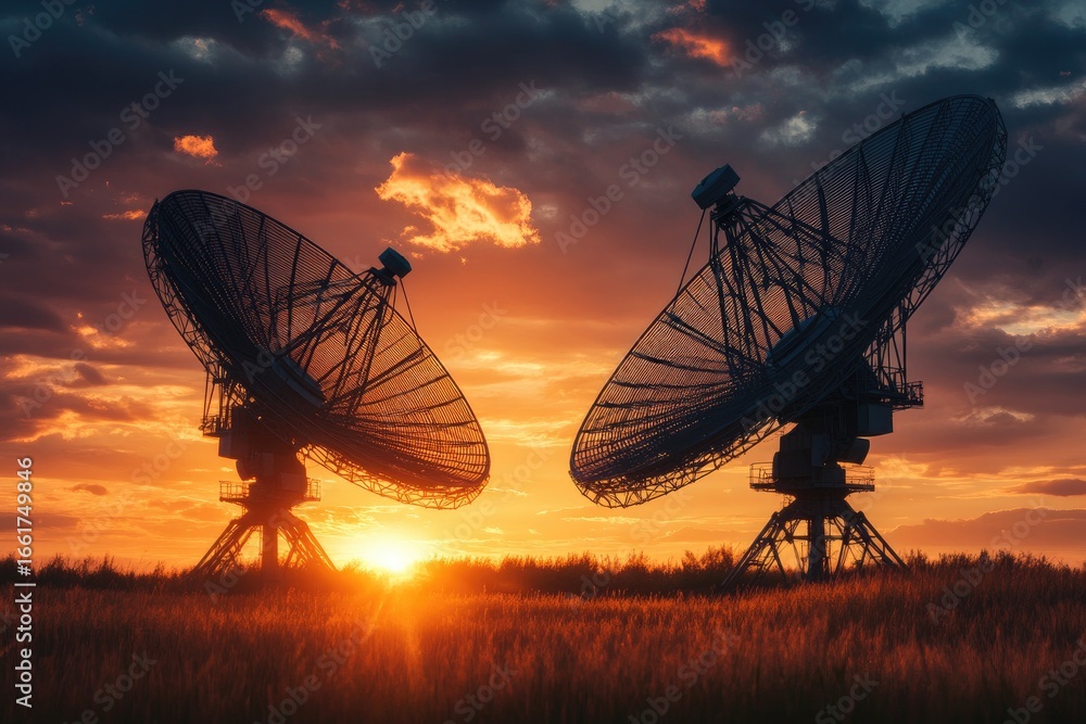 Two radio telescopes silhouetted against a vibrant sunset Two radio telescopes silhouetted against a vibrant sunset
