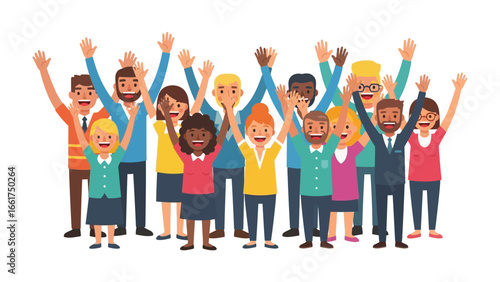Happy and diverse community: A dynamic illustration of a cheerful, multi-ethnic community celebrating together, showcasing inclusivity and happiness in a vibrant and engaging visual.