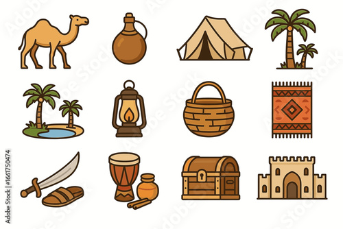 Desert icons: camel, oasis, tent, tools, and structures