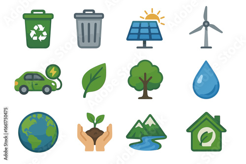 Eco-friendly icons: recycling, renewable energy, and environmental conservation symbols