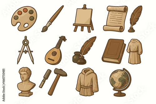 Art supplies and classical icons collection: palette, easel, and sculptures