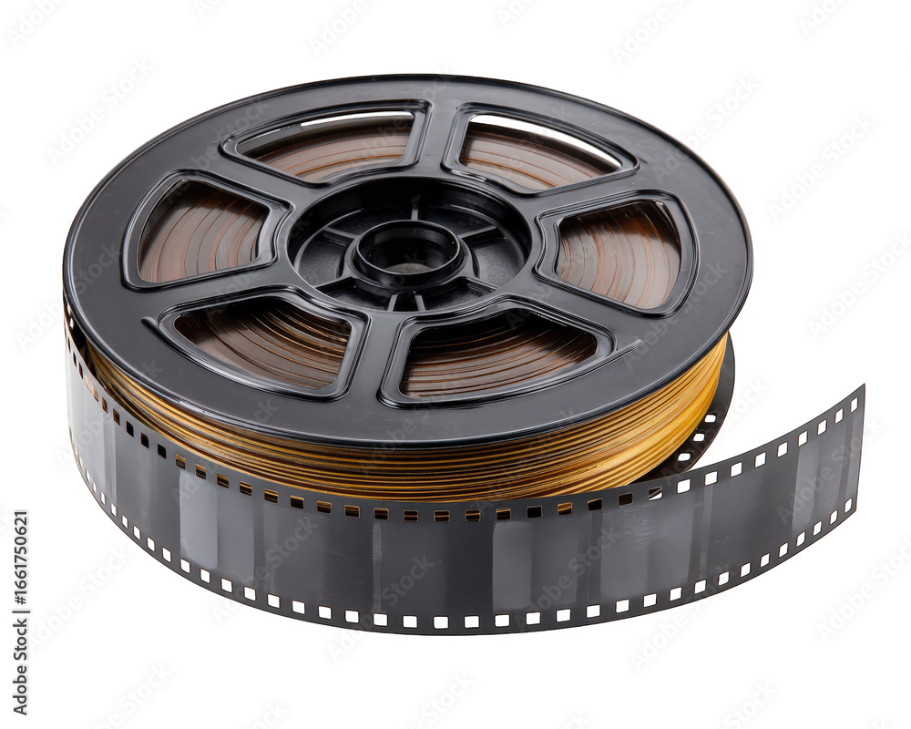 Obraz premium Film roll camera analog black plastic vintage isolated object photography equipment. Classic analog film roll for camera photography black plastic reel vintage style isolated transparency