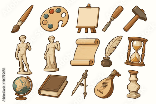 Collection of art tools and classical artifacts with sculptures and musical instruments