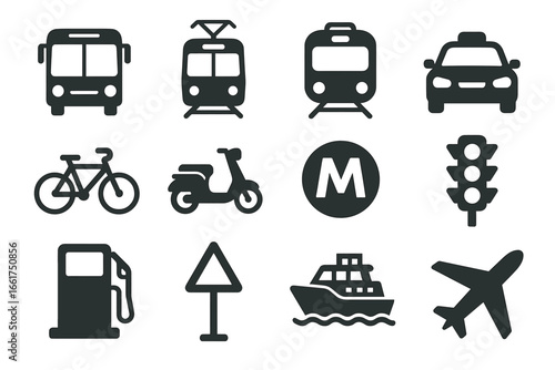 Transport icons set featuring vehicles and transportation symbols