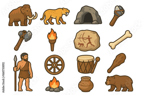 Prehistoric icon set with tools, animals, and cave art illustrations