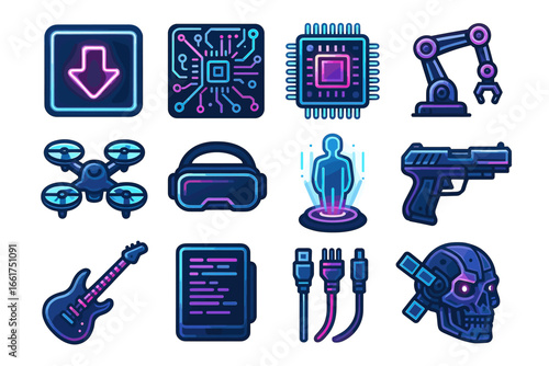 Futuristic technology icons: robotics, virtual reality, drones, and cybernetics