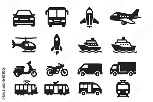 Set of transportation icons: car, bus, airplane, rocket, helicopter, ship, motorcycle, scooter, train