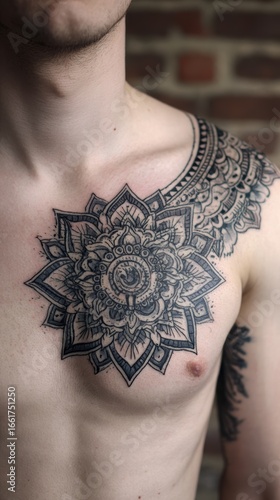 A man showcases an intricate blackwork mandala tattoo covering his chest and shoulder.