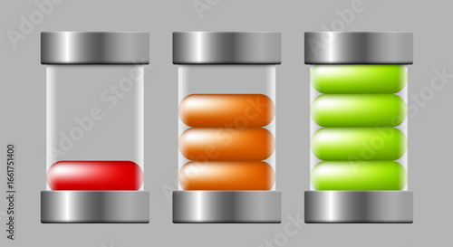 Batteries set. Charged and discharged glass batteries. Vector 3d clipart isolated on grey background.