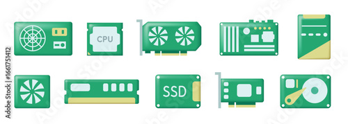 Computer parts. Accessories. 3d cartoon icons isolated on white background. Vector clipart.