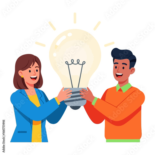 Sparking Innovative Vision: A collaborative effort of two individuals, embodying creativity and insight by lifting up a glowing light bulb, symbolizing the birth of new ideas and bright solutions. 