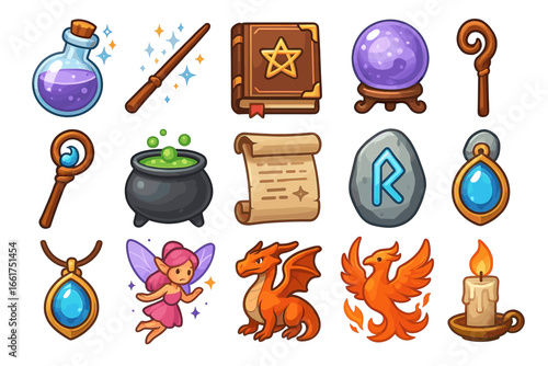 Fantasy magic icons collection: potions, wands, dragons, phoenix, and fairies