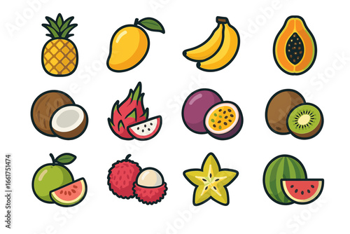 Colorful tropical fruit collection: pineapple, mango, banana, papaya, and more