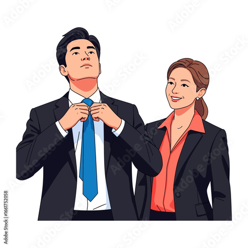 Prepared for the Day: Two suited individuals stand in anticipation, ready to begin the business day. One adjusts their tie, displaying confident preparation, while the other looks on.