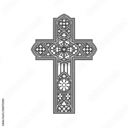 A detailed black and white illustration shows an ornate cross with flower and arch details, perfect for religious or artistic projects.