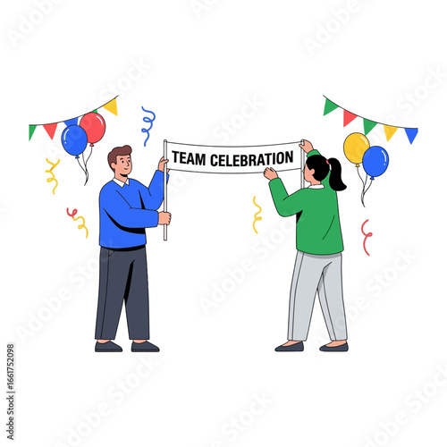 Team Celebration: A cheerful pair of colleagues proudly display a banner with Team Celebration, surrounded by festive decorations, balloons, and confetti.