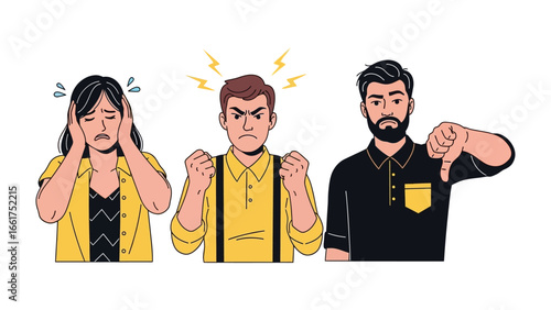 Expressive States: Three distinct individuals, each vividly portraying a unique emotion – stress, anger, and disapproval.