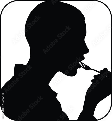 Silhouette of person eating, black and white vector, side profile illustration, fork in mouth, mealtime concept design, editable art graphic