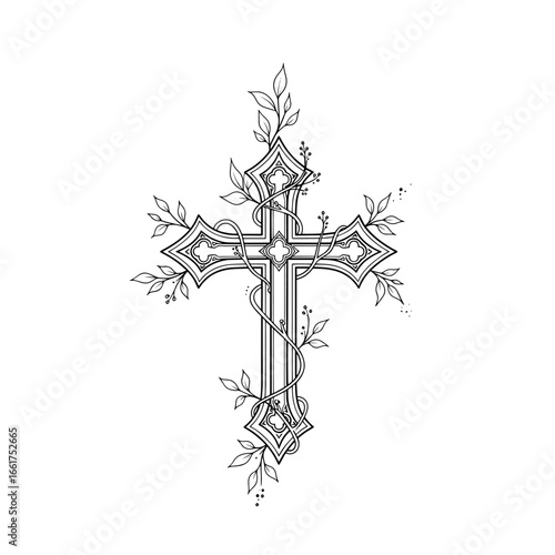 This black and white illustration features an ornate cross intertwined with a vine and delicate leaves, making it suitable for religious art or design projects.