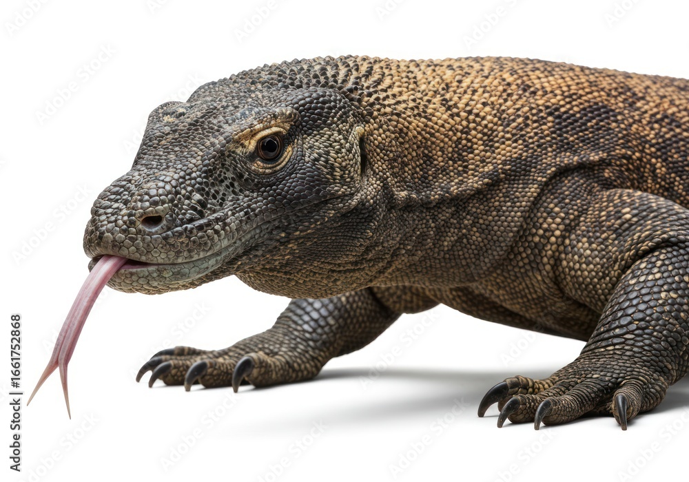 Obraz premium Large Brown Iguana Showing Tongue and Spiked Skin on White Background