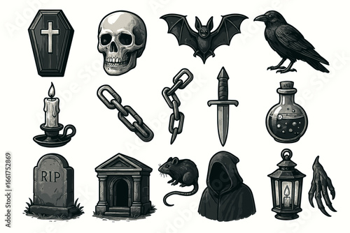 Collection of gothic symbols: coffin, skull, bat, raven, candle, chain, dagger, potion, tombstone, mausoleum, rat, hooded figure, lantern, claw
