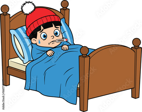 Cute cartoon sick child in bed vector illustration, unwell kid with thermometer and red hat, fever concept, adorable character for children’s health theme, isolated white background