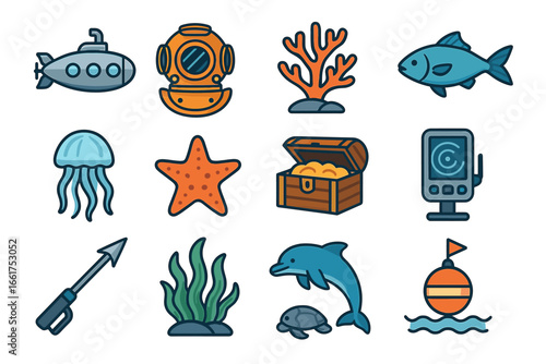 Colorful nautical icons: submarine, diver helmet, coral, fish, jellyfish, starfish, treasure chest