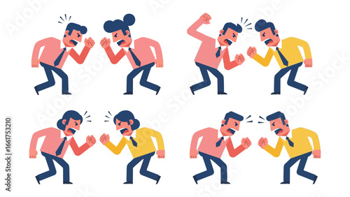Clash of Ideas: Illustrative depiction of men engaged in a heated argument, visually capturing conflict and tension through exaggerated expressions.