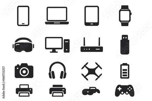 Set of technology device icons including laptop, smartphone, tablet, vr headset, and game controller