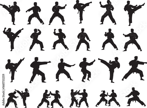 Collection of martial arts silhouettes demonstrating various combat poses and movements