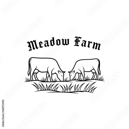 A simple logo design featuring two cows peacefully grazing in a meadow. Perfect for a farm or dairy business.